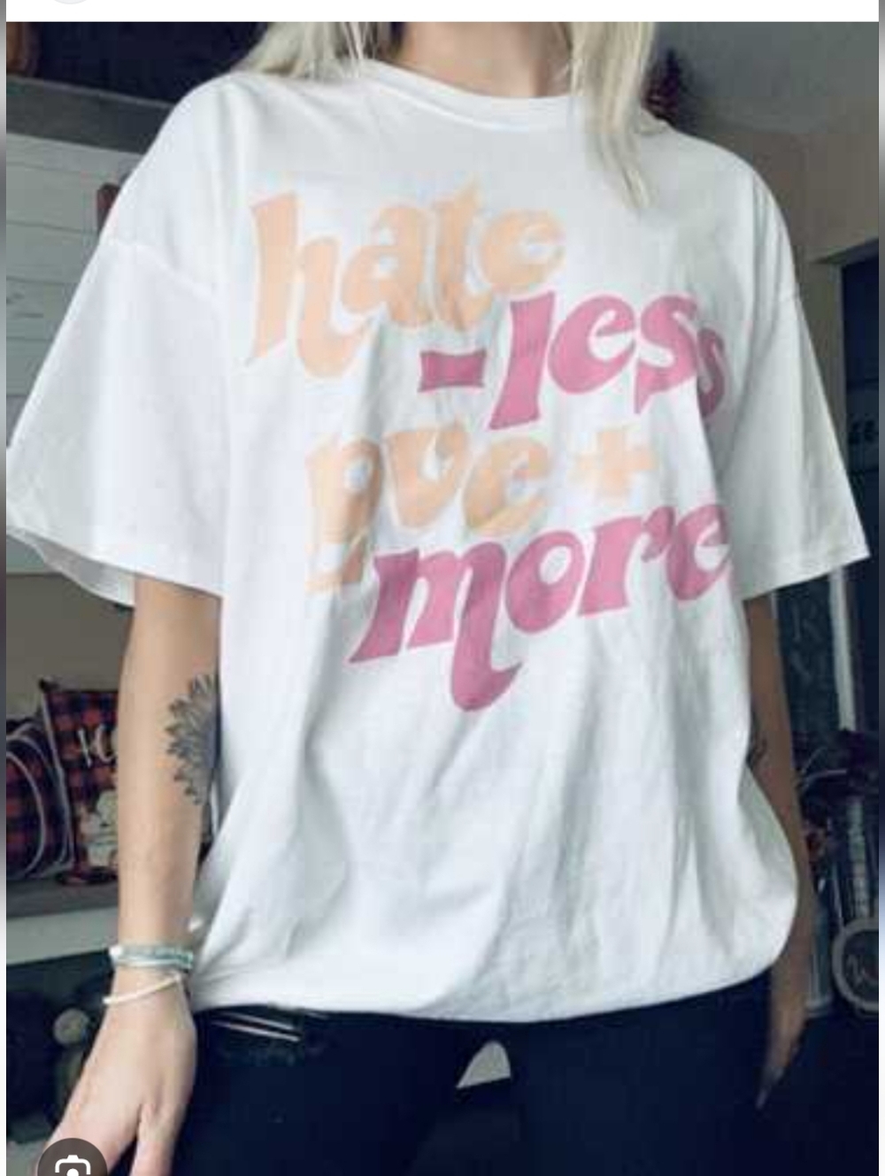 Love Tribe White Tee with Pink & Peach Graphic Hate Less, Love More
